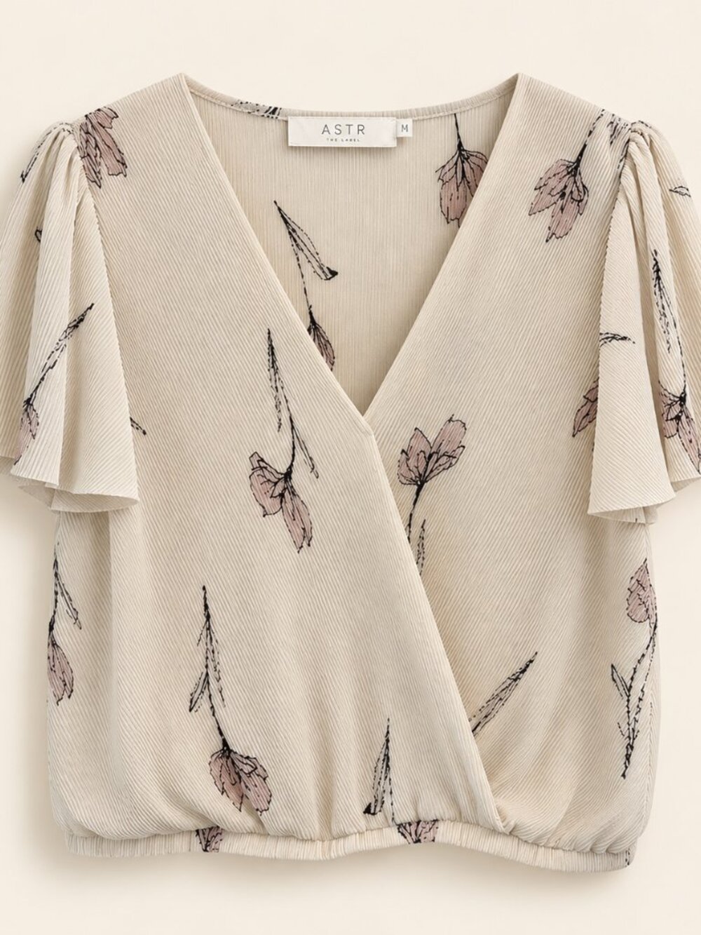ASTR The Label Floral Faux Wrap Blouse Ivory Flutter Sleeve Top M